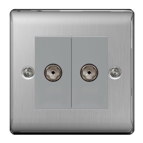 2 Gang Co-axial Socket Brushed Steel