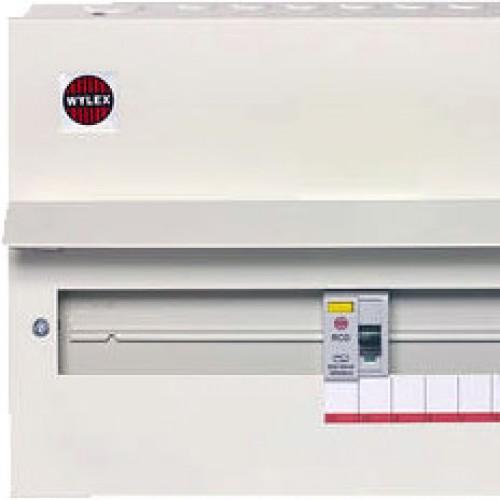 Wylex 15W flexible metal board(complies to AMEND3) 1 x 100A M/SWITCH 2 x 30MA RCD'S ADJUSTABLE FOR 2 TO 9 MCB'S