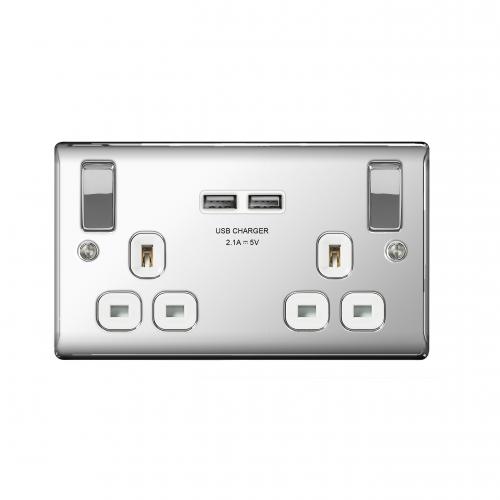 2 Gang 13a switch socket + 2 USB's Polished Chrome