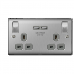 2 Gang 13a switch socket + 2 USB's Brushed Steel